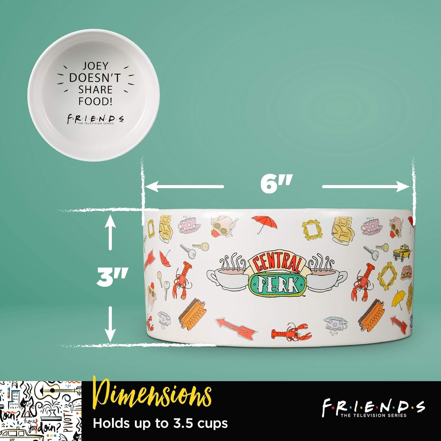 Warner Bros Friends TV Show Joey Doesn'T Share Food Ceramic Dog Food Bowl
